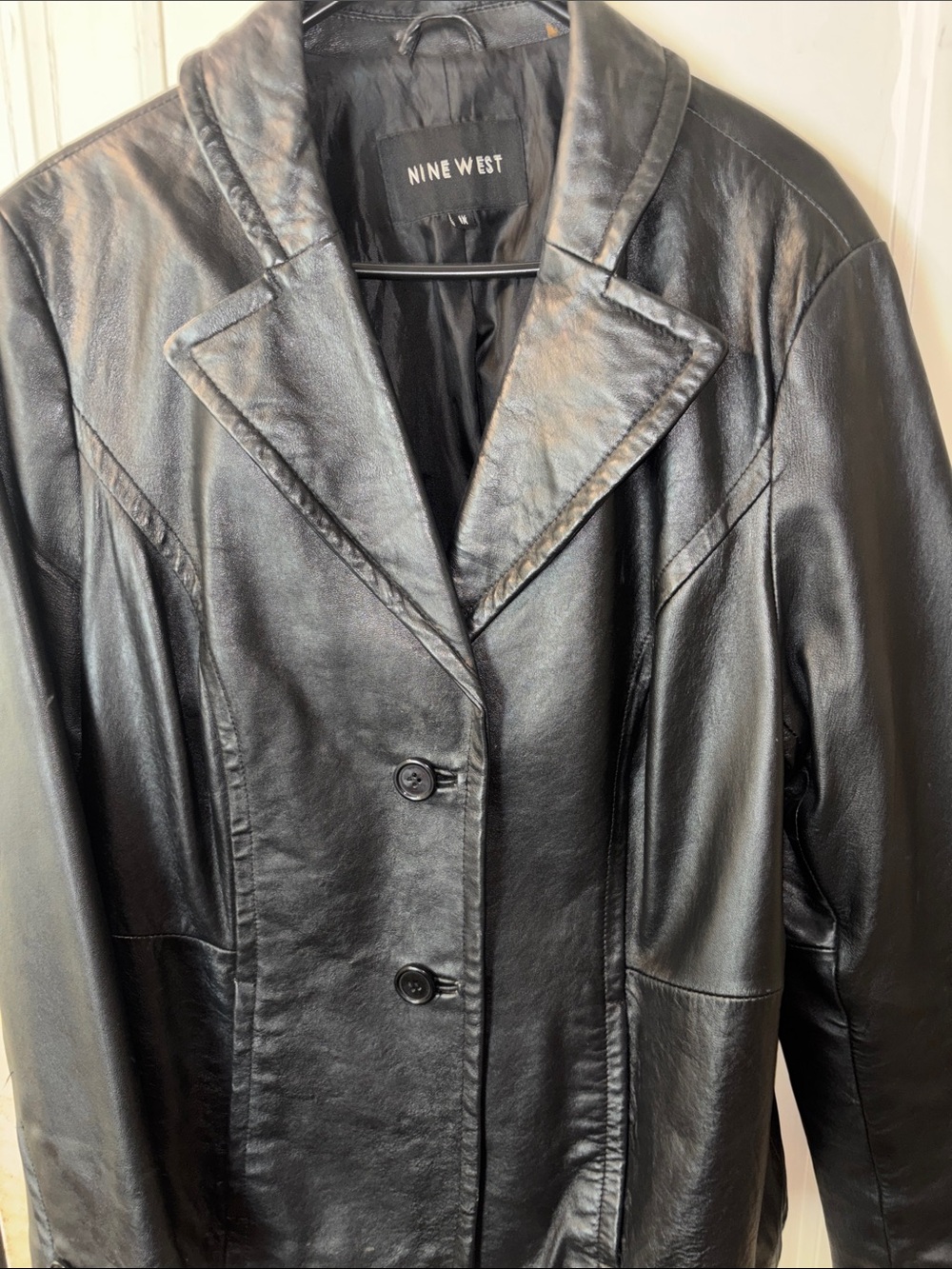 1990’s/Y2K Nine West Black Leather Button-Front Blazer Coat